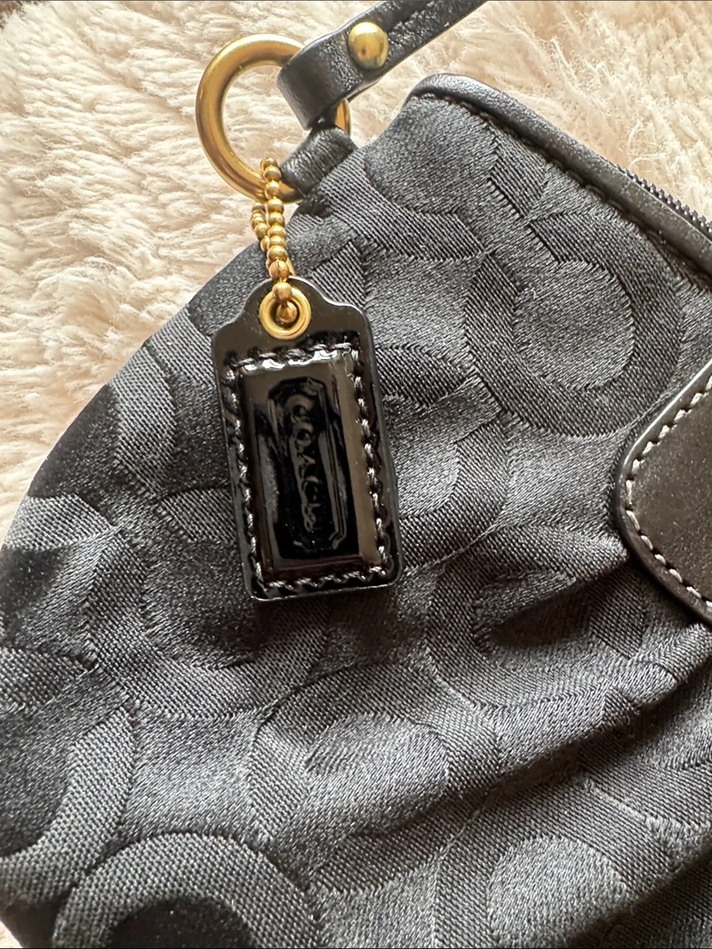 Coach Black Signature Jacquard Pleated Wristlet with Gold Hardware
